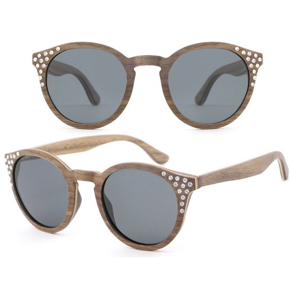 Wood Sunglasses with Gradient Gray Polarized Lens Brown Wood Frame & Rhinestones